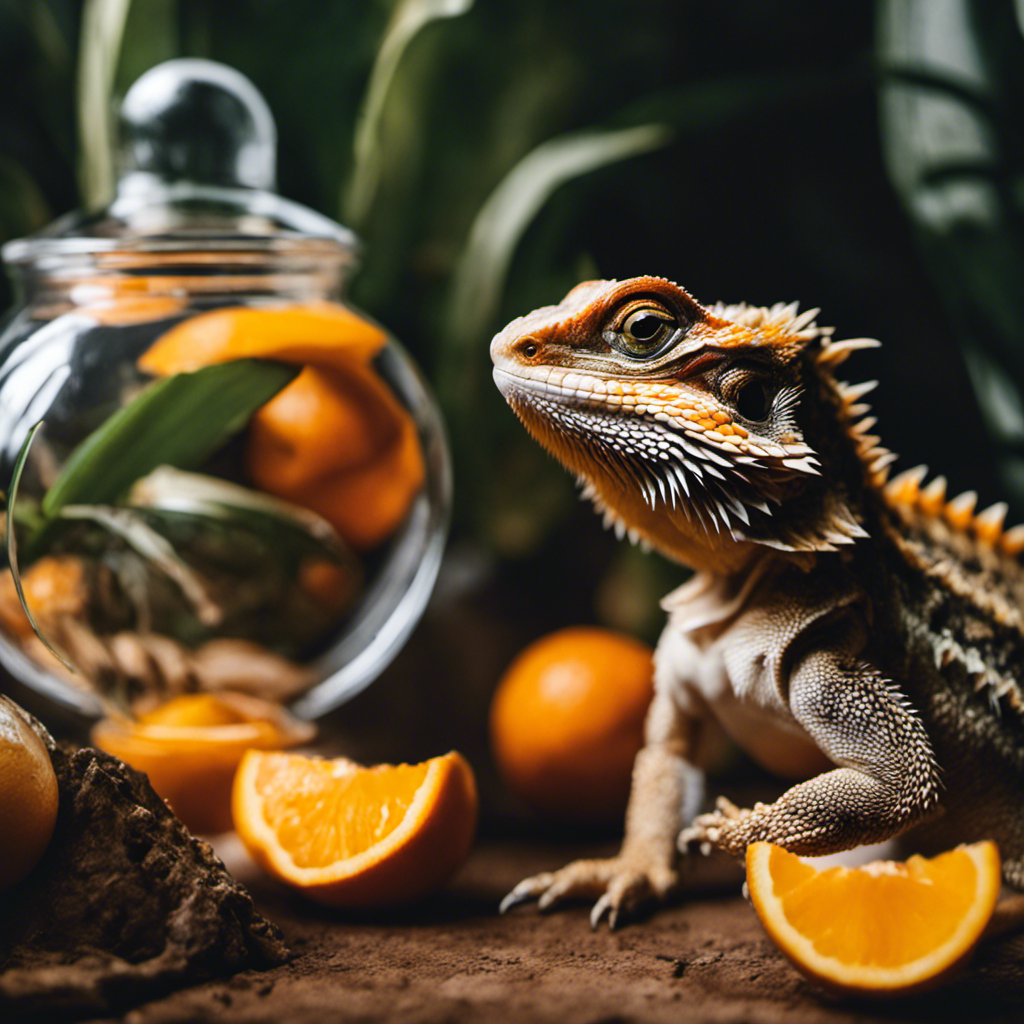 Ed dragon in a terrarium, with a bowl of water nearby, surrounded by four peeled oranges, all in various stages of dehydration