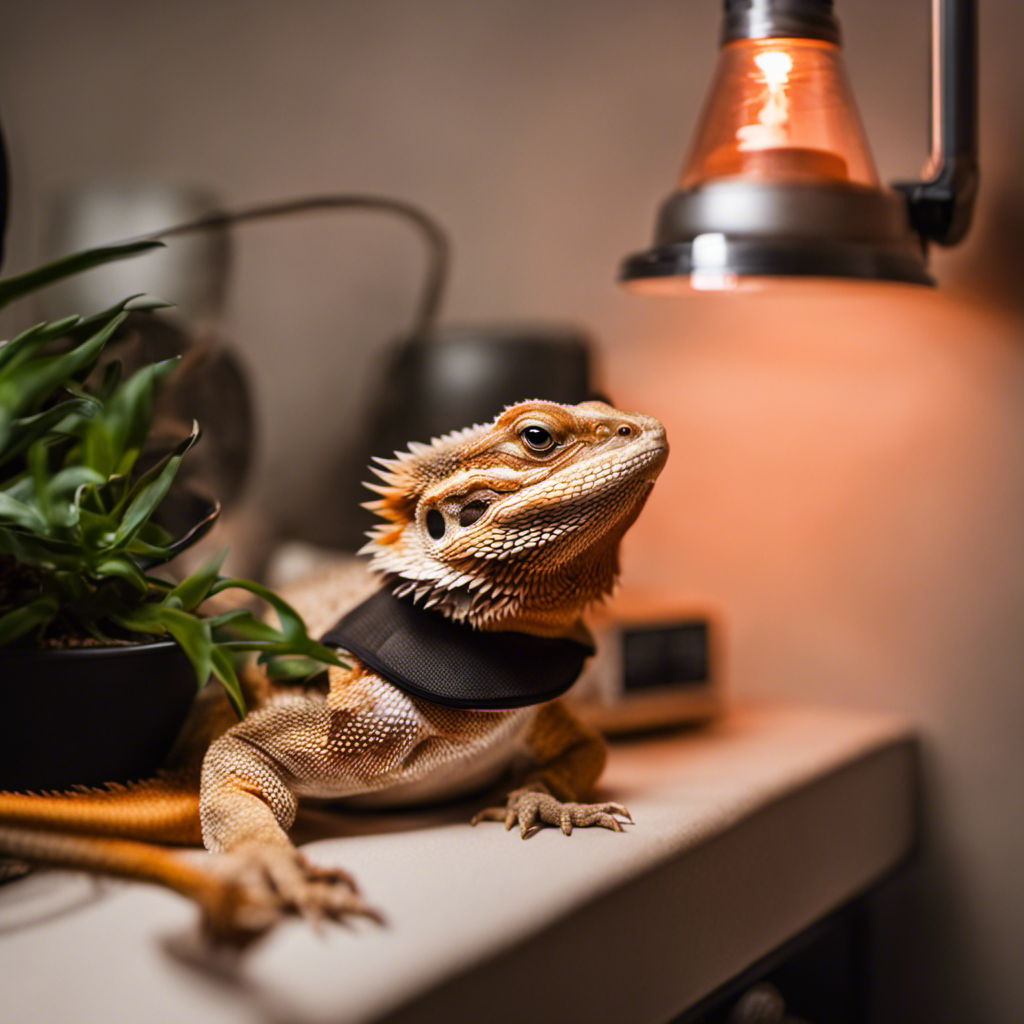 Ed dragon basking next to a heat lamp with a selection of heating pads nearby in different sizes and shapes, with thermostats and temperature gauges to consider