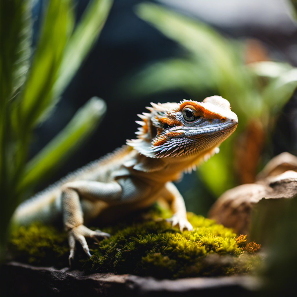 Ed dragon in a terrarium, surrounded by a variety of appropriate plants, basking in the sun on a rock