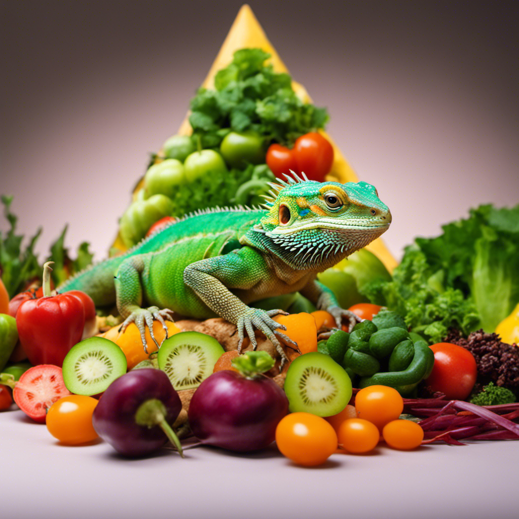 T green bearded dragon perched atop a pyramid made of colorful vegetables, fruits, and insects
