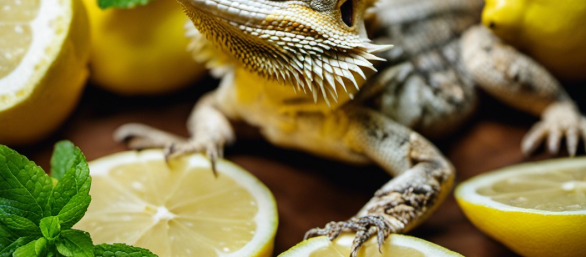 Ed dragon sits atop of a pile of lemon slices and sprigs of fresh mint, with a lemon wedge in its mouth