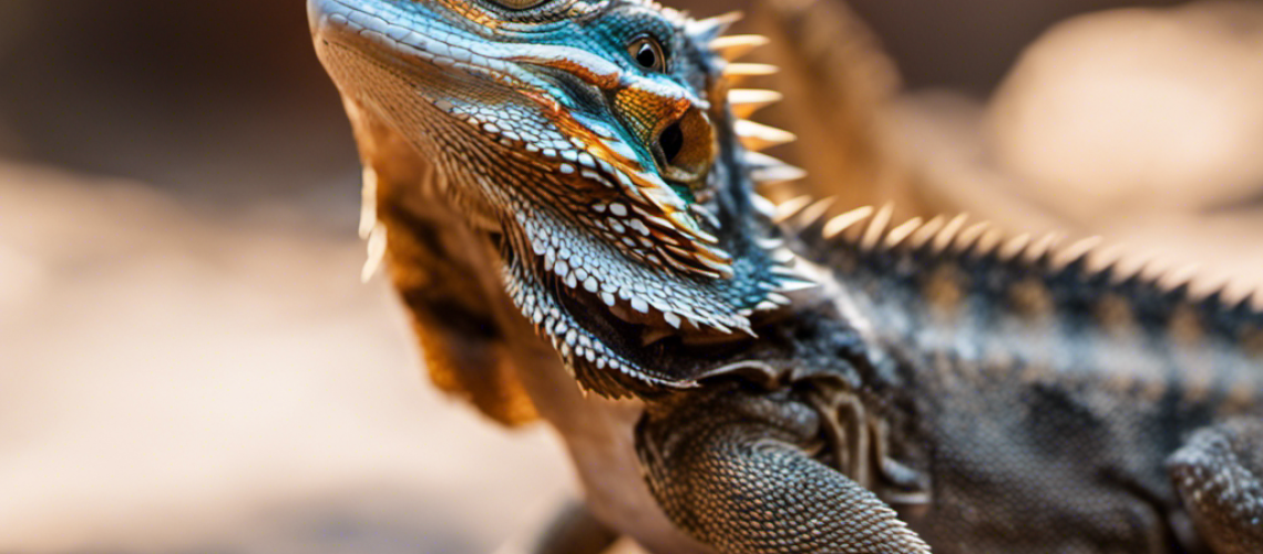 A close-up of a Bearded Dragon bobbing its head, with several other Dragons in the background, all varying in size and color