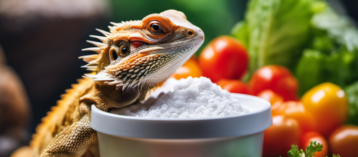 F a bearded dragon with a green leaf on it's back, surrounded by a bucket of calcium powder, a jar of coconut oil, a bowl of fresh vegetables, and a warm rock