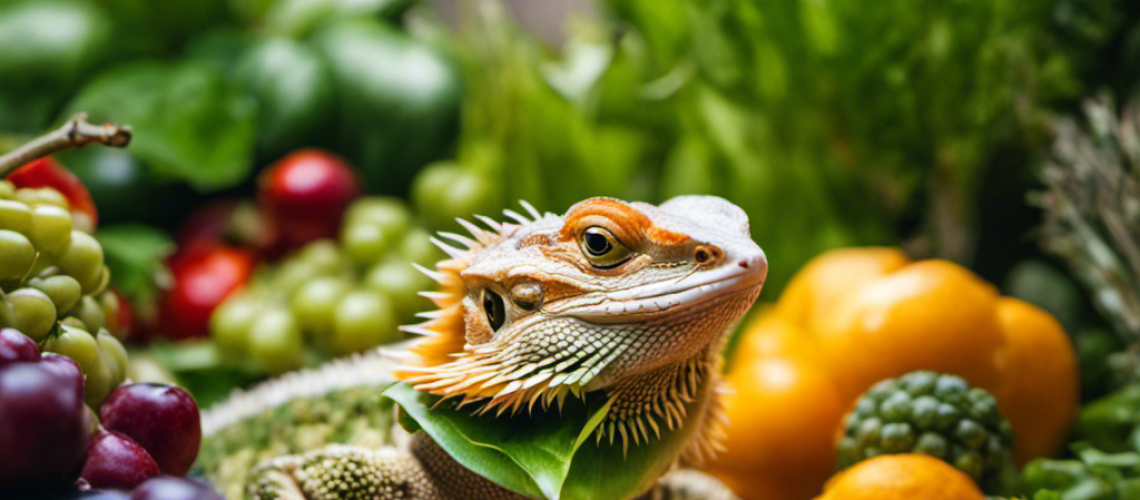 Ed dragon happily munching on a hornworm, surrounded by a variety of fresh fruits, vegetables, and greens, with a big smile on its face