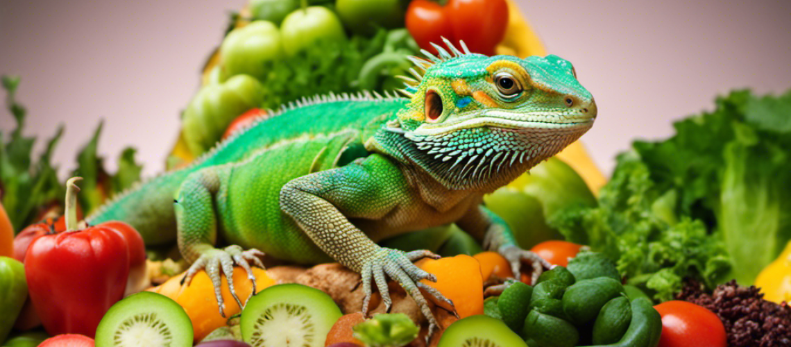 T green bearded dragon perched atop a pyramid made of colorful vegetables, fruits, and insects