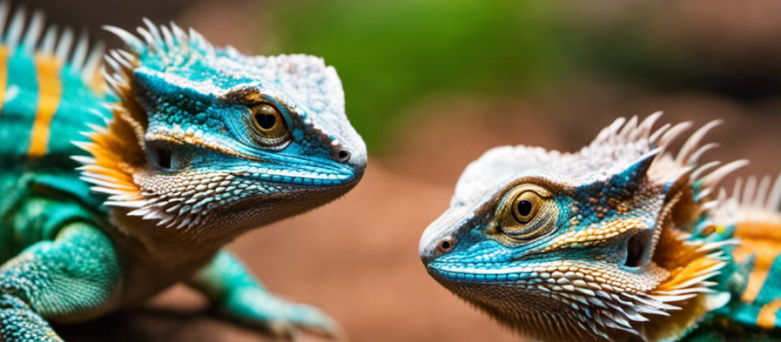E of two Bearded Dragons side-by-side, one with a patterned head crest and a colored banded tail, the other plain-looking