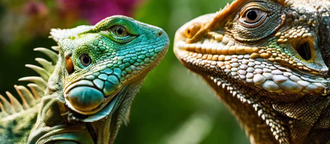 -up shot of two lizards, a green iguana and a bearded dragon, with their heads looking away from each other in opposite directions