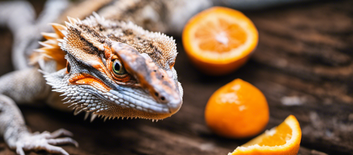 Ed dragon holding a peeled orange in its mouth, looking away from the camera with a concerned expression