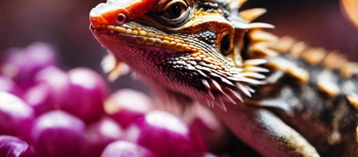 -up of a bearded dragon's mouth filled with diced red onions and its tongue licking them