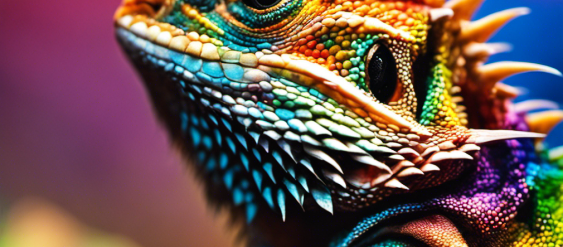 T, colorful image of a bearded dragon looking intently at a rainbow of hues