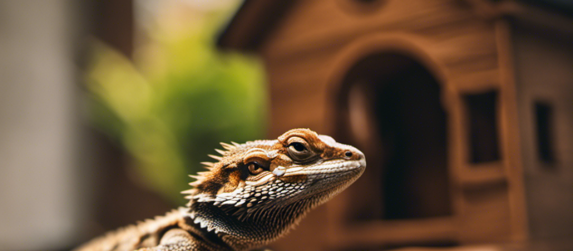 -up of a bearded dragon looking curiously at a small house pet, with a hint of amusement in its expression