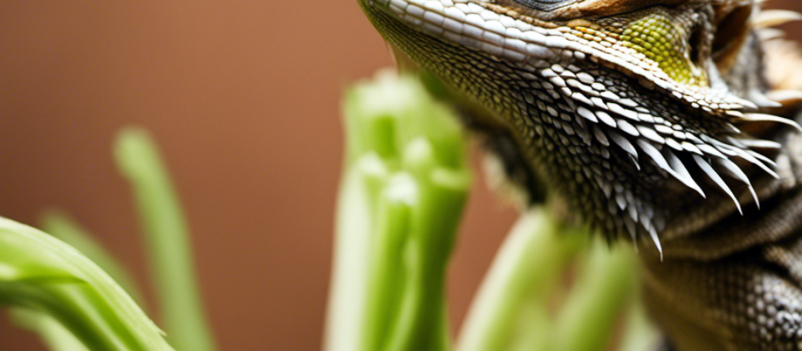 Ed dragon perched atop a pile of celery stalks, its long tongue outstretched to taste a piece of leafy vegetable
