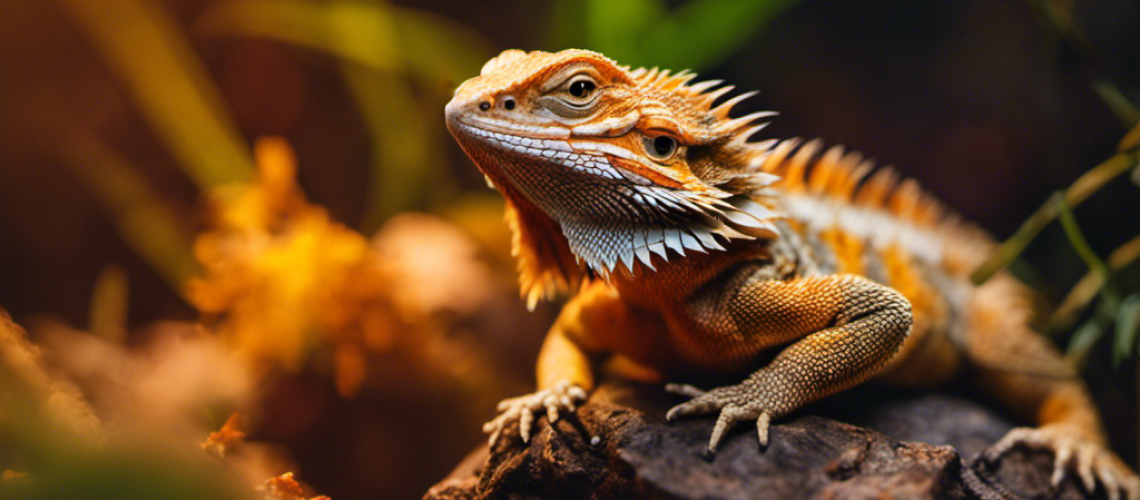 Ed dragon in a terrarium, basking on a rock in front of a backdrop of warm colors