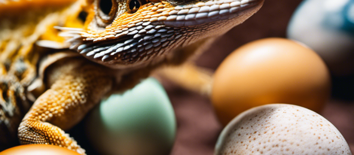 -up of a Bearded Dragon with a clutch of eggs, highlighting the size, texture, and color variations of the eggs