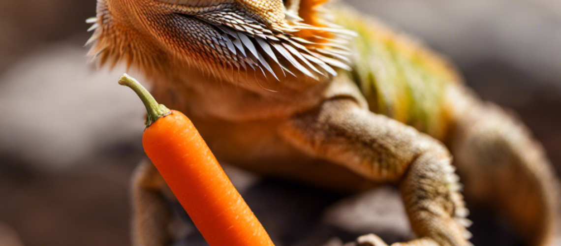 Ed dragon eating a raw carrot, perched atop a rock surrounded by carrots in the desert