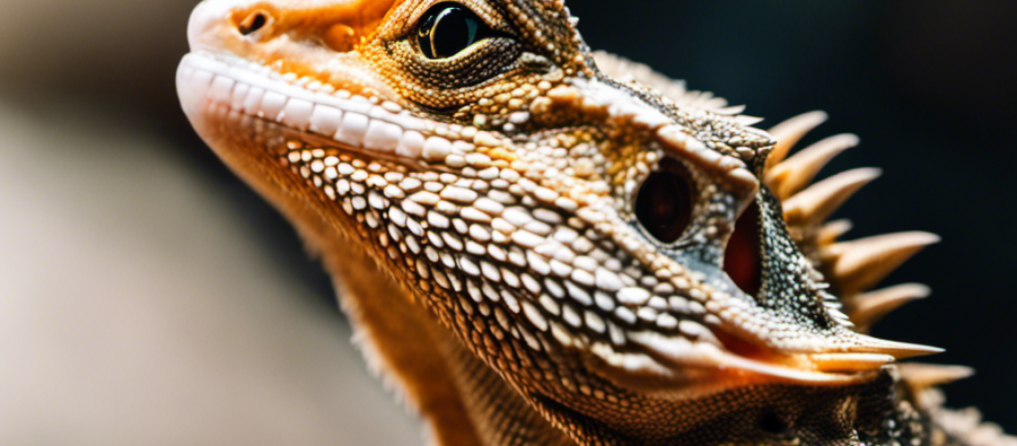 -up of a bearded dragon with its mouth open, showing signs of dehydration, discoloration, and sores