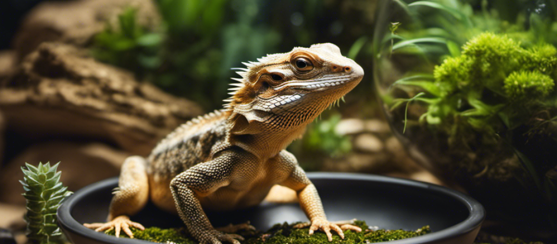 Stration of a bearded dragon drinking from a shallow dish of water, surrounded by various terrarium-safe rocks and plants