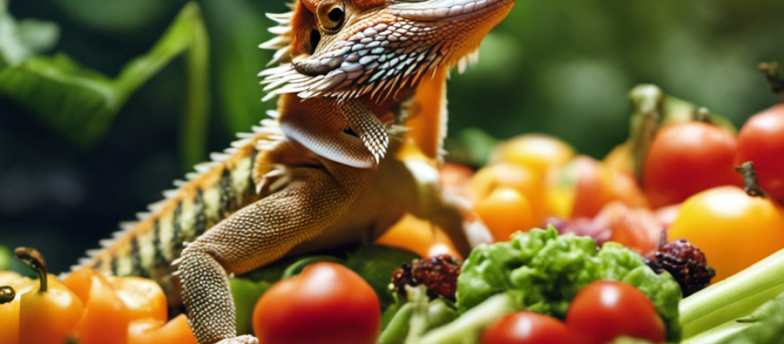 Stration of a Bearded Dragon eating a variety of vegetables, fruits, and insects in equal portions