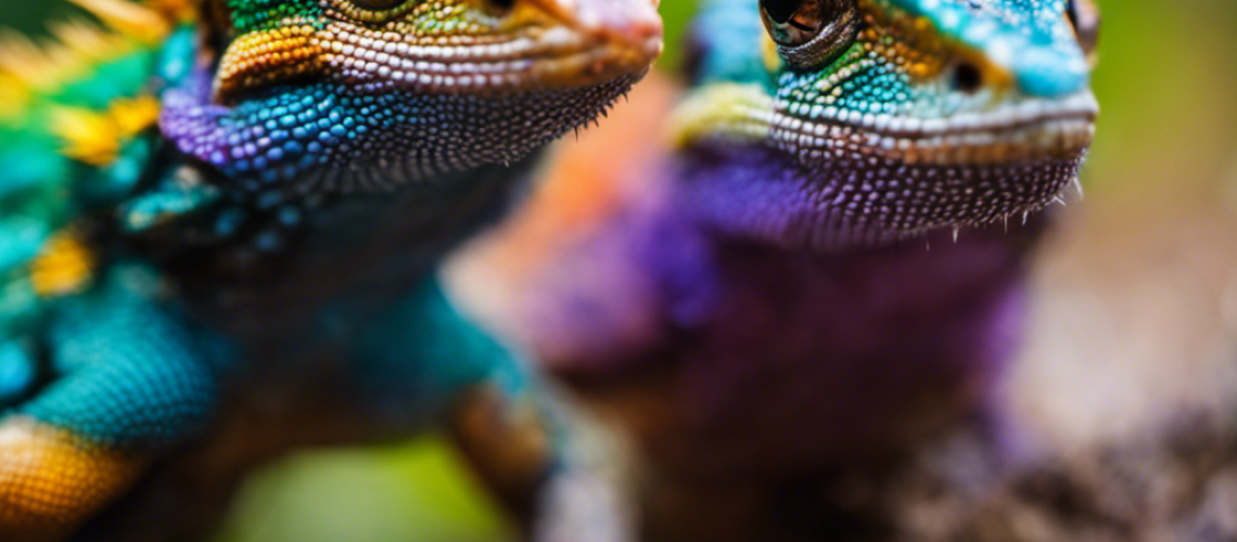 -up of two colorful lizards side-by-side: one with a spiky beard and one with horns